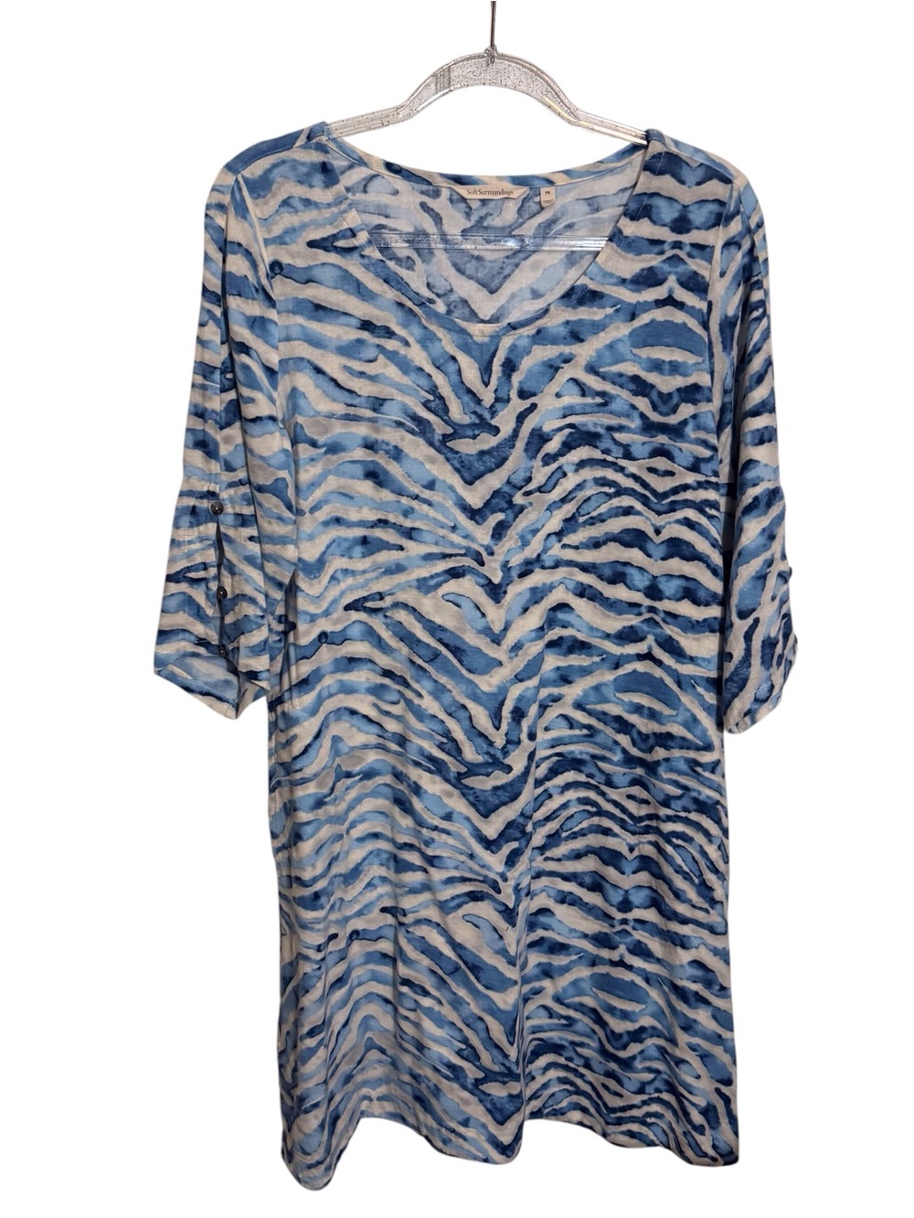 ❌❌Soft Surroundings Size Petite Small Blue White Zebra Mercado Gauze Dress Beach